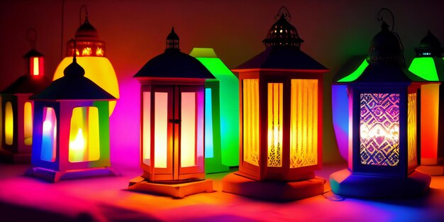 una fila de linternas de colores sobre una mesa