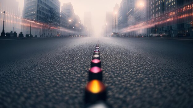 Una fila de luces en una calle con un fondo borroso
