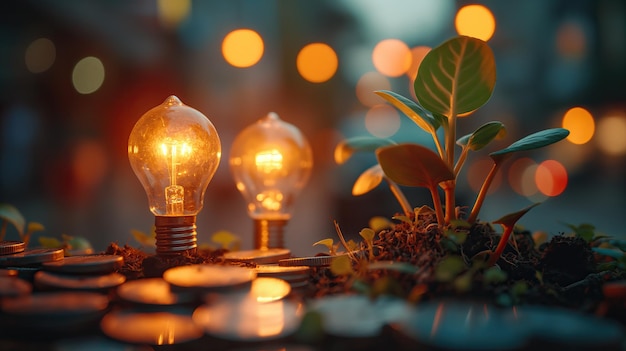 una fila de luces con una planta en el fondo y una planta en la mitad