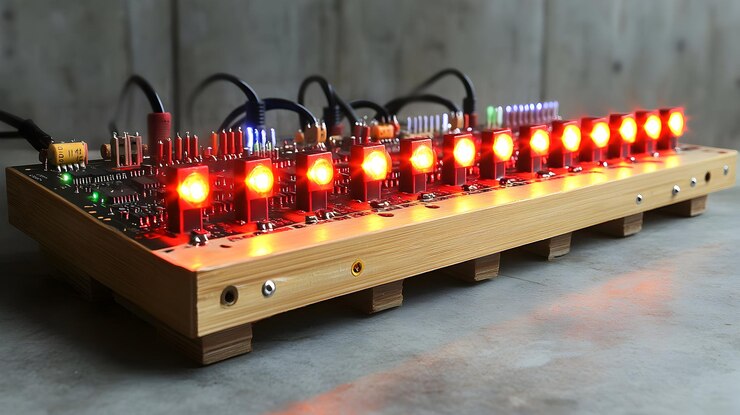 Foto una fila de luces rojas que están en una mesa