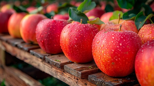 fila de manzanas con gotas de agua IA generativa