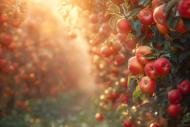 Una fila de manzanas rojas colgando del árbol