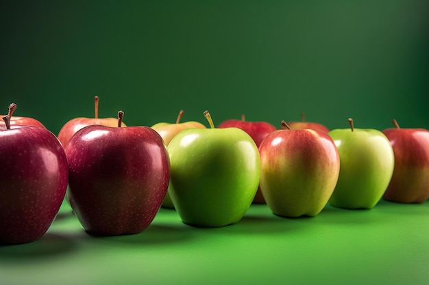 Una fila de manzanas rojas sobre un fondo verde