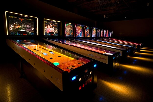 Foto una fila de máquinas de pinball en una habitación oscura con la palabra pinball en la pared.