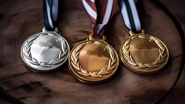 Foto una fila de medallas en una mesa de madera