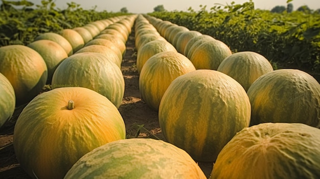 Una fila de melones en un campo.