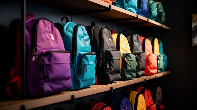 Una fila de mochilas y bolsas de colores en un estante