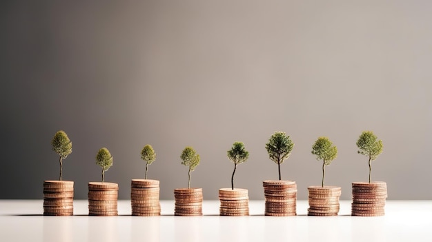 Una fila de monedas con árboles encima y una de ellas tiene un árbol en la parte superior.