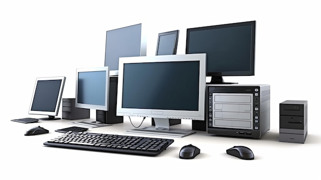 Una fila de monitores de computadora en el escritorio