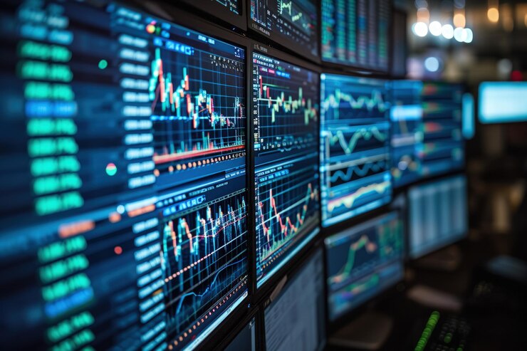 Fila de monitores de computadora Estaciones de trabajo eficientes para realizar múltiples tareas