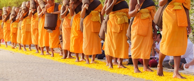 Fila de monjes budistas en Tailandia