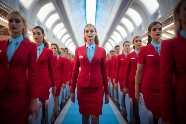 Foto una fila de mujeres con trajes rojos con el nombre 