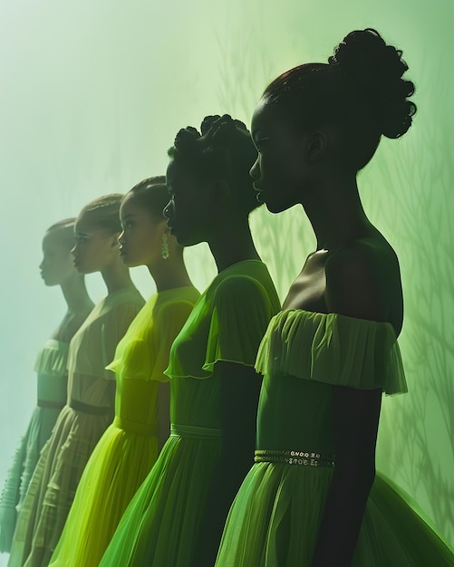 Foto una fila de mujeres con vestidos verdes de pie juntos compartiendo un gesto