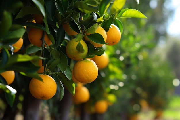 Una fila de naranjas en un árbol con la palabra naranja en el lateral.