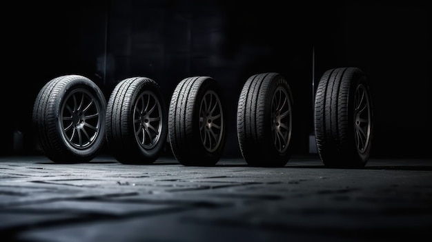 fila de neumáticos de coche en un fondo oscuro