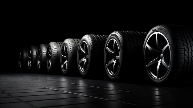 Foto una fila de neumáticos de coche sobre un fondo negro