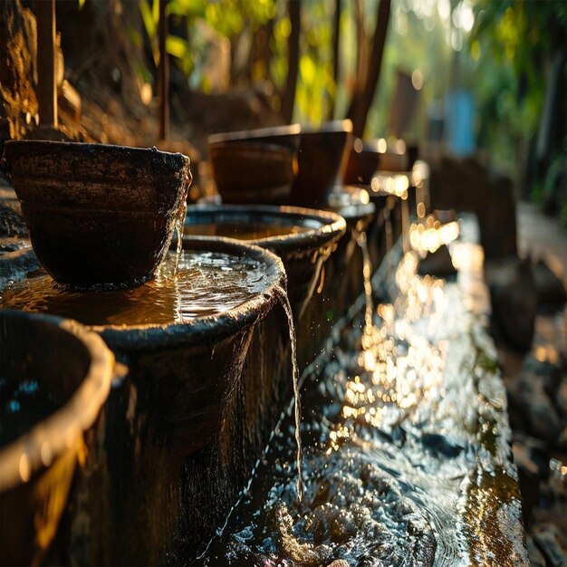 una fila de ollas con agua que fluye de ellas