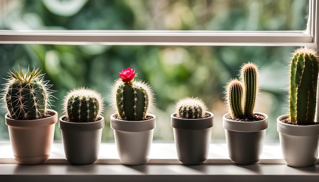 Foto una fila de ollas de cactus están en un umbral de la ventana con una flor rosa en la parte superior
