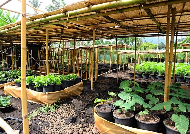 una fila de ollas con plantas y un letrero que dice en olla