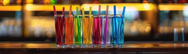 Foto una fila de pajitas de beber de varios colores brillantes alineadas dentro de un vaso transparente