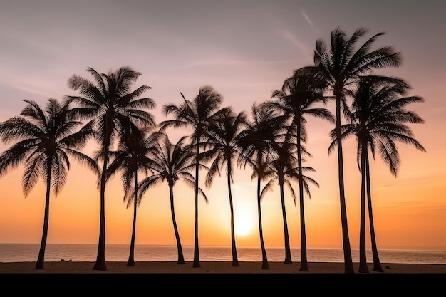 Fila de palmeras al atardecer en la playa.