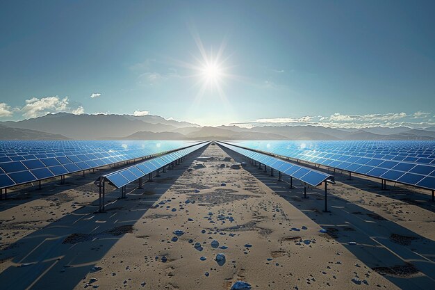 Foto una fila de paneles solares en una playa con el sol brillando en el fondo