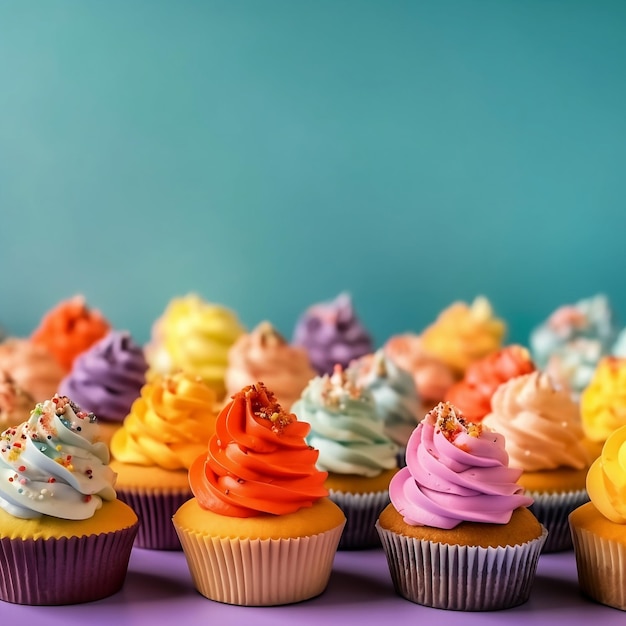Una fila de pastelitos con diferentes colores y el de arriba tiene un arcoíris espolvoreado