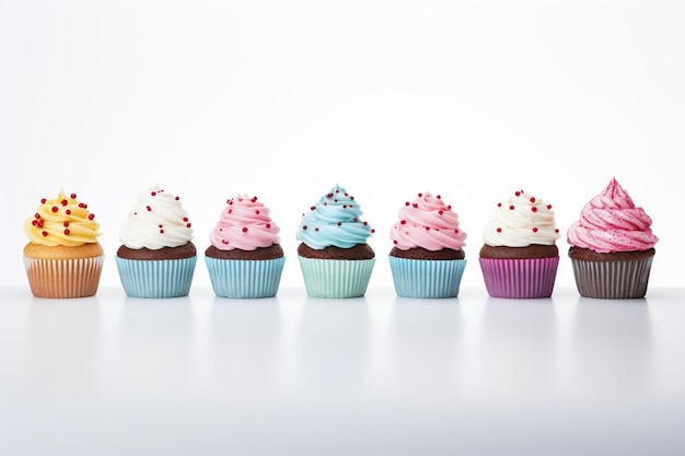 una fila de pastelitos con glaseado azul y rosa y chispitas.