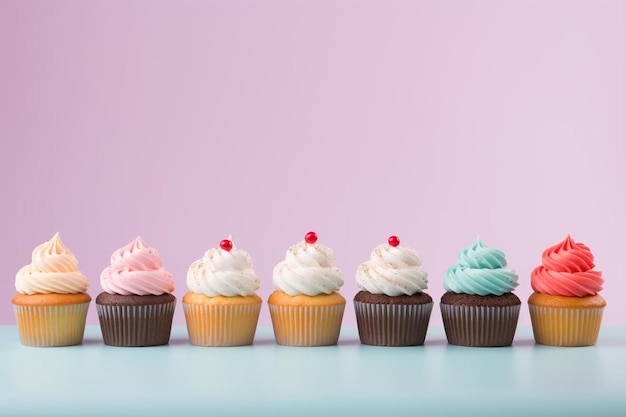 una fila de pastelitos con glaseado rosa y azul y un fondo rosa.