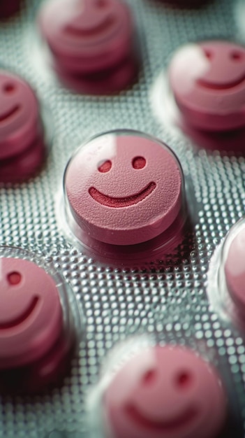 Una fila de pastillas rosas con una cara sonriente en una de ellas