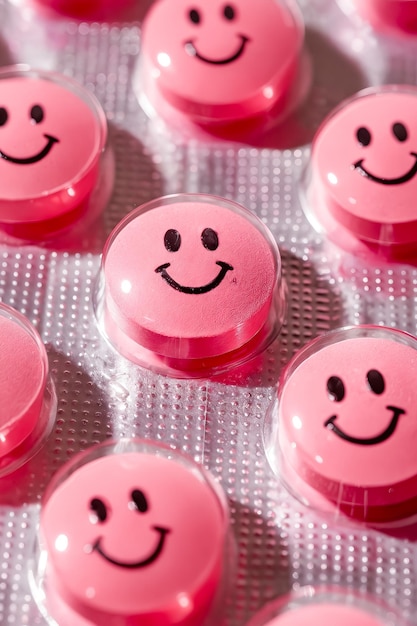 Una fila de pastillas rosas con caras sonrientes en ellas