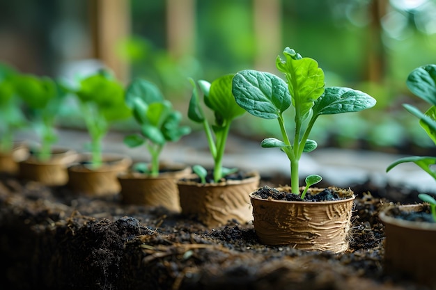 Una fila de pequeñas ollas llenas de plantas verdes