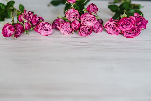 Fila de pequeñas rosas rosadas sobre fondo blanco de madera Feliz cumpleaños Tarjeta de felicitación navideña para San Valentín Día de la madre de la mujer Pascua Invitación de boda Vista superior endecha plana Espacio para mensaje de texto