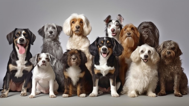 Una fila de perros de varios tamaños y tipos mirando a la cámara, algunos adorables jadeando, otros complacidos IA generativa