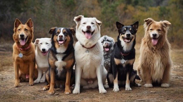 Foto una fila de perros de varios tamaños y tipos mirando a la cámara, algunos adorables jadeando, otros complacidos ia generativa