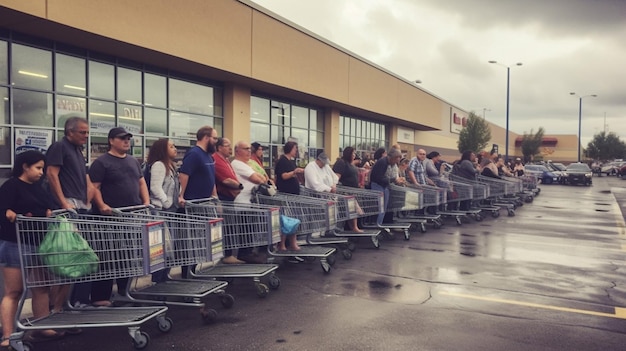 Una fila de personas se alinea en una fila para comprar comestibles.