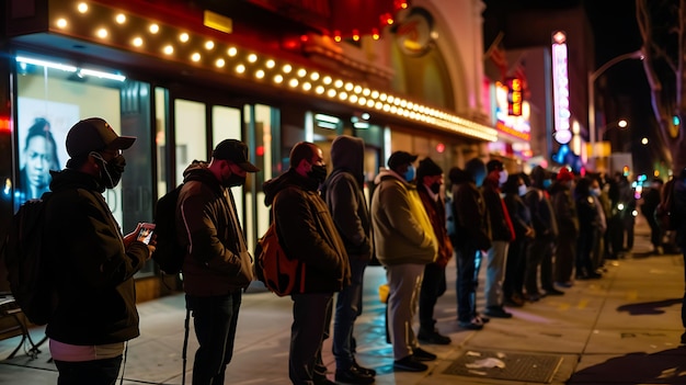 Una fila de personas esperando fuera de un teatro por la noche la gente está usando máscaras y abrigada contra el frío