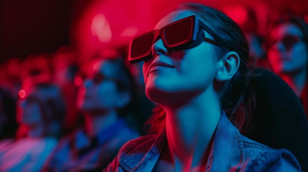 Una fila de personas que llevan gafas 3D están absortas en una película en un teatro