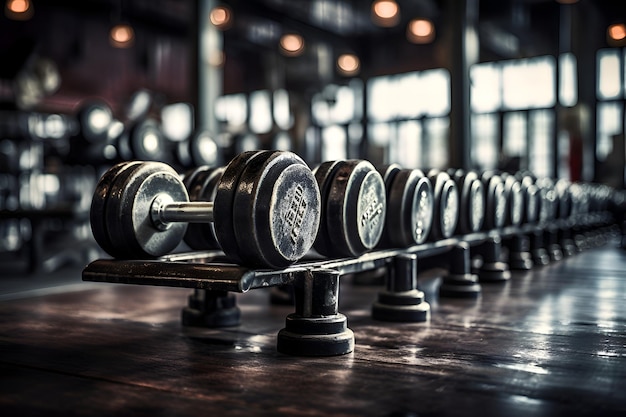 Foto una fila de pesas en un gimnasio.