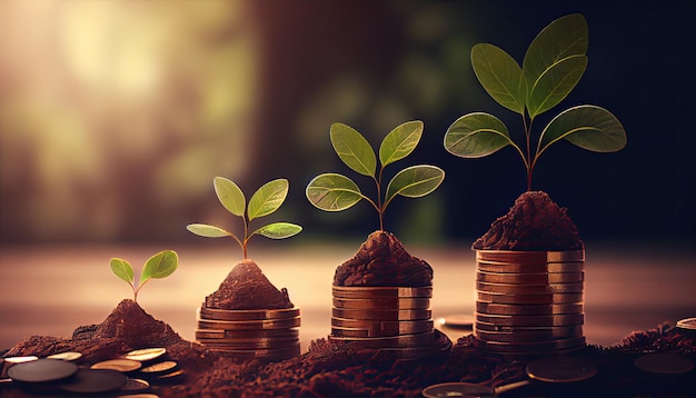 Una fila de pilas de monedas con una planta que crece fuera de ellas Hoja de árbol en monedas de ahorro de dinero Concepto de inversión bancaria de ahorro de finanzas empresariales