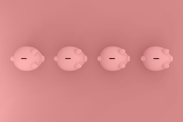 Fila Pink Pig Banks en la vista superior sobre fondo de colores. Planificación financiera para el futuro. Representación 3D.