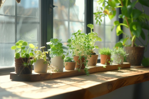 Una fila de plantas de interior en macetas en un alféizar de madera