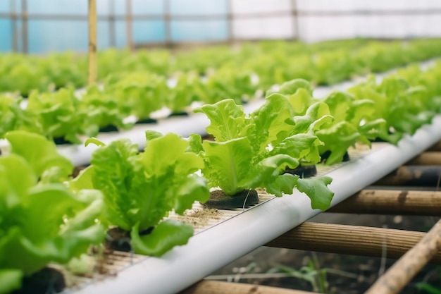 Una fila de plantas de lechuga en un invernadero.