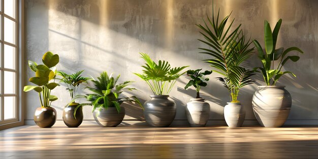 Una fila de plantas en maceta en un estante con una pared detrás de ellas