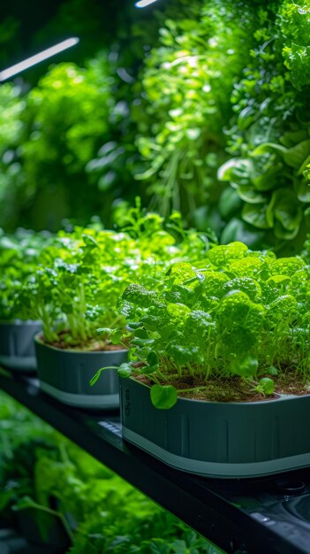 Una fila de plantas en maceta con hojas verdes están alineadas en un estante