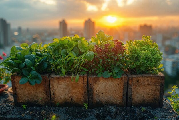 Una fila de plantas en maceta se sientan en una repisa con el sol poniéndose detrás de ellas