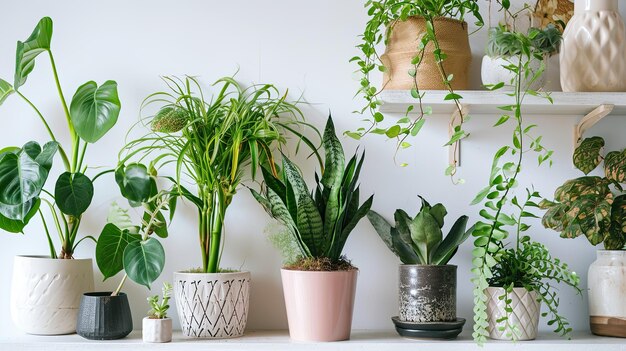 una fila de plantas en maceta vibrantes que prosperan en un estante decorativo