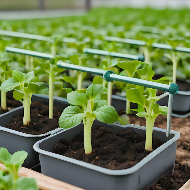 una fila de plantas con un mango verde que dice lechuga