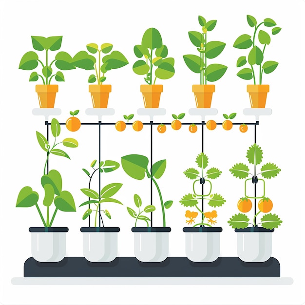 una fila de plantas con naranjas y una de ellas tiene una hoja verde