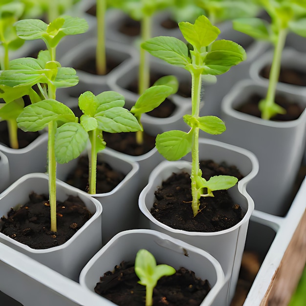 una fila de plántulas de tomate jóvenes